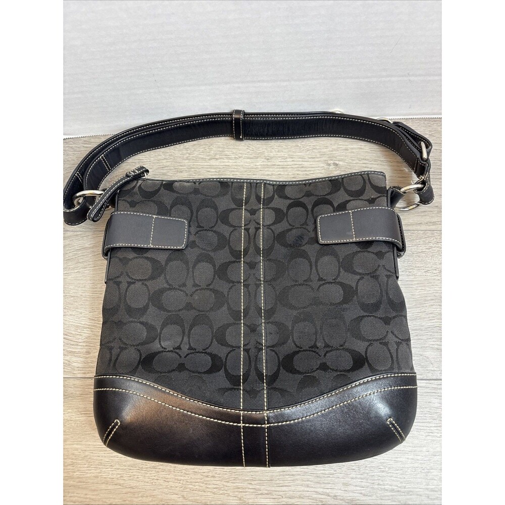 Coach Black Signature Shoulder Bag Logo Leather Straps & Bottom Adjustable Strap